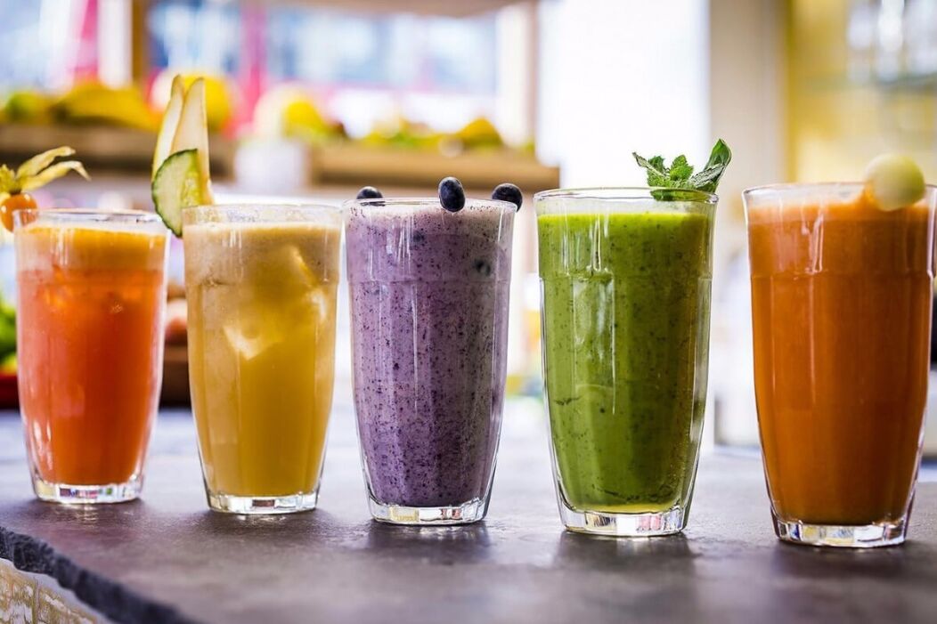 Different slimming smoothies are prepared from fresh ingredients